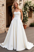 Ivory Strapless A Line Satin Ruched Wedding Dress