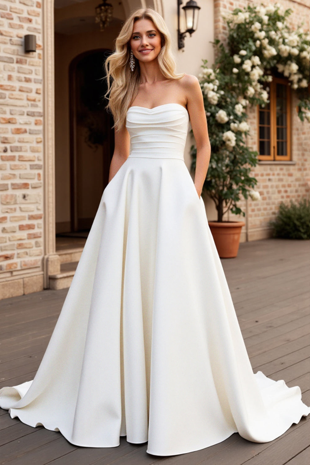 Ivory Strapless A Line Satin Ruched Wedding Dress