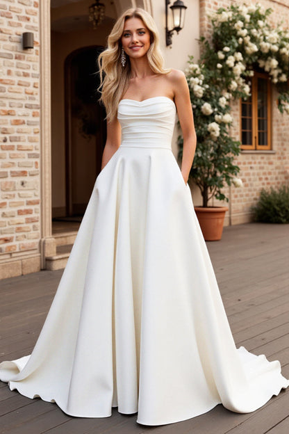 Ivory Strapless A Line Satin Ruched Wedding Dress