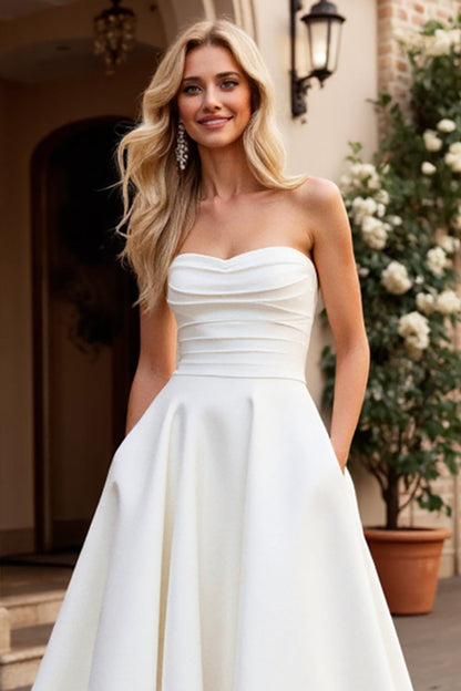 Ivory Strapless A Line Satin Ruched Wedding Dress