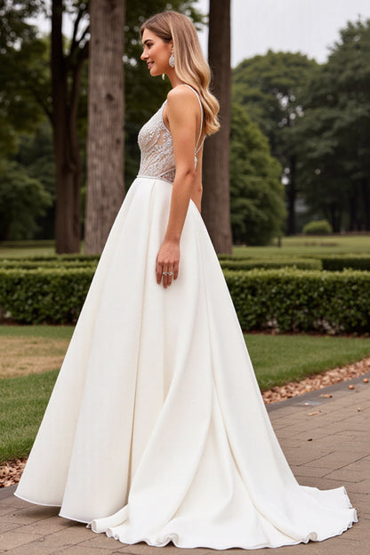 Ivory Satin Sweep Train A Line V Neck Wedding Dress with Lace