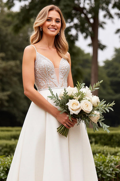 Ivory Satin Sweep Train A Line V Neck Wedding Dress with Lace