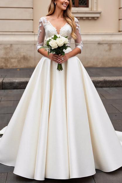 Ivory A Line Satin V-Neck Long Sleeves Wedding Dress with Lace