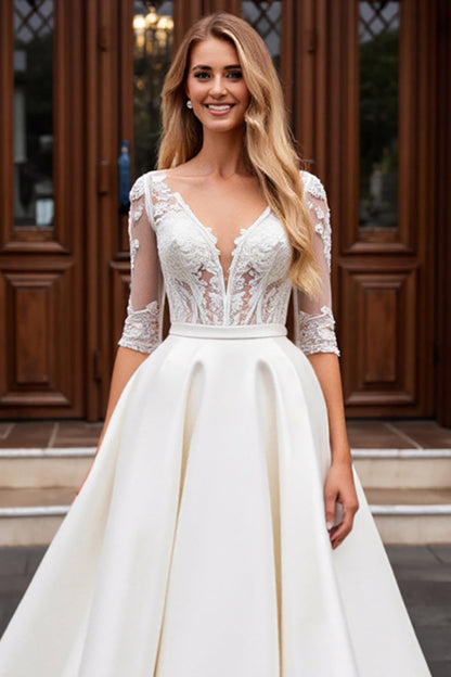 Ivory A Line Satin V-Neck Long Sleeves Wedding Dress with Lace