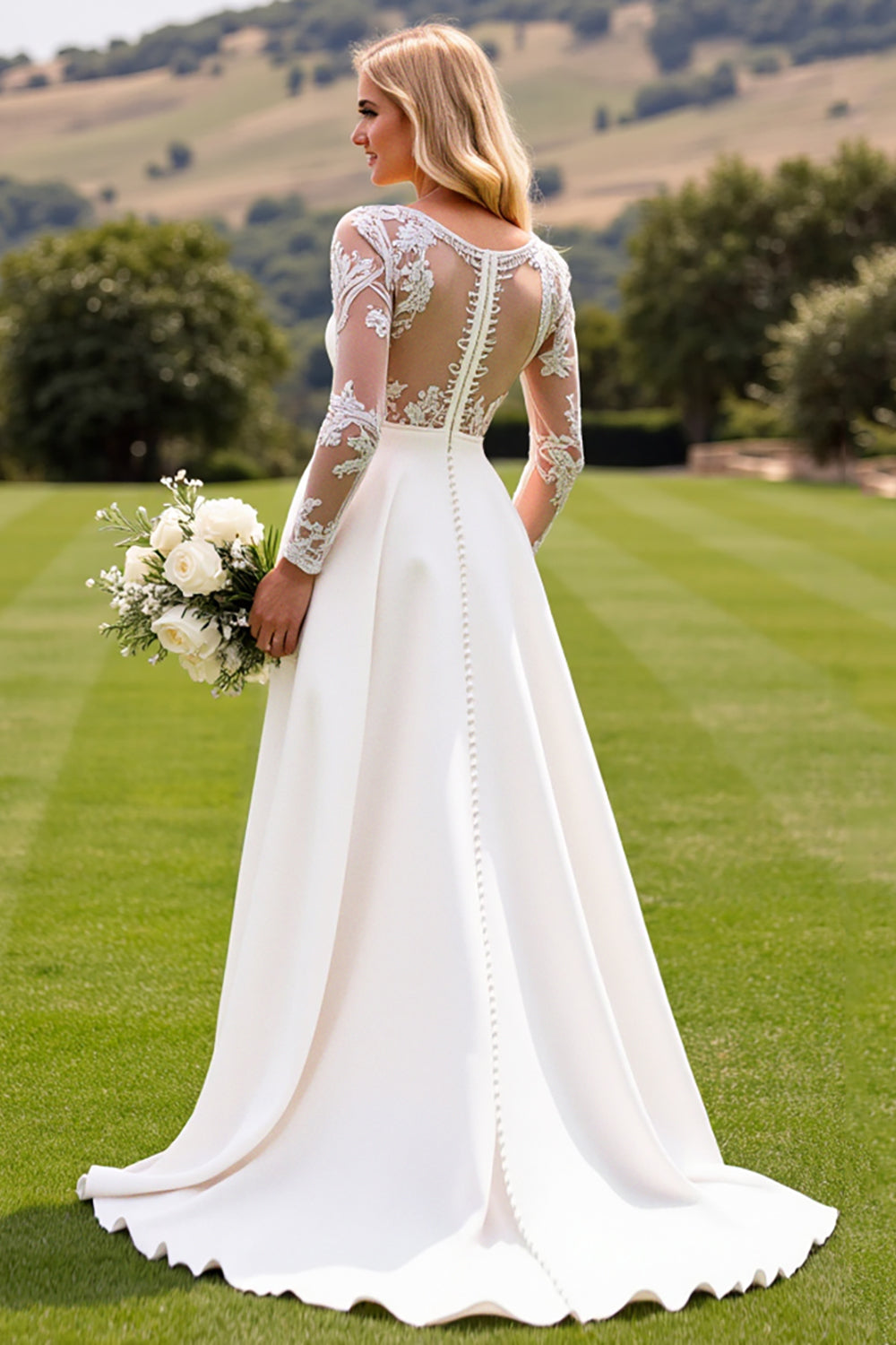 Ivory Deep V-Neck Sweep Train Satin Wedding Jumpsuits with Lace