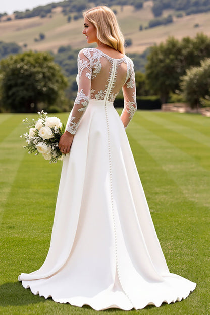 Ivory Satin Deep V-Neck Sweep Train Long Sleeves Wedding Jumpsuits with Lace