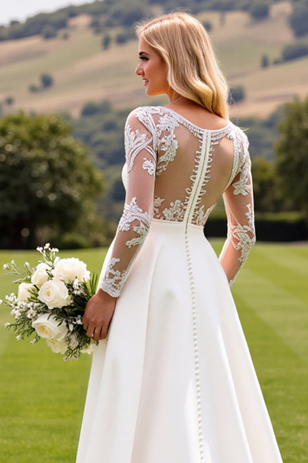 Ivory Satin Deep V-Neck Sweep Train Long Sleeves Wedding Jumpsuits with Lace