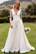 Ivory Satin Deep V-Neck Sweep Train Long Sleeves Wedding Jumpsuits with Lace