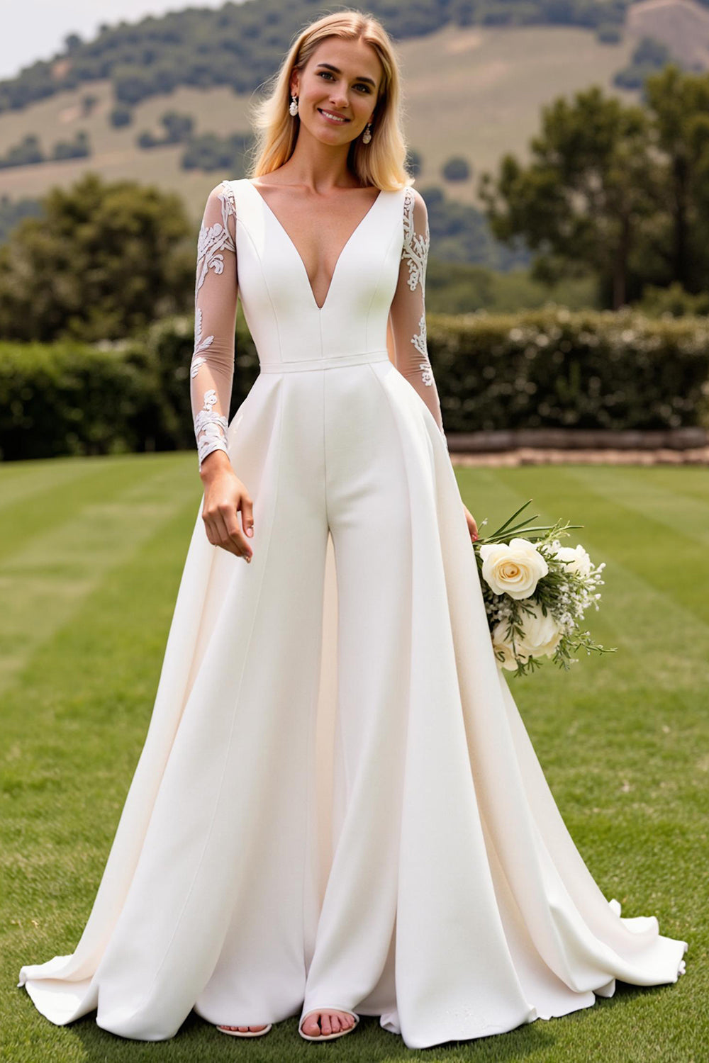 Ivory Satin Deep V-Neck Sweep Train Long Sleeves Wedding Jumpsuits with Lace