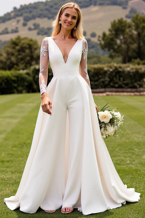 Ivory Satin Deep V-Neck Sweep Train Long Sleeves Wedding Jumpsuits with Lace