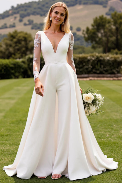 Ivory Deep V-Neck Sweep Train Satin Wedding Jumpsuits with Lace