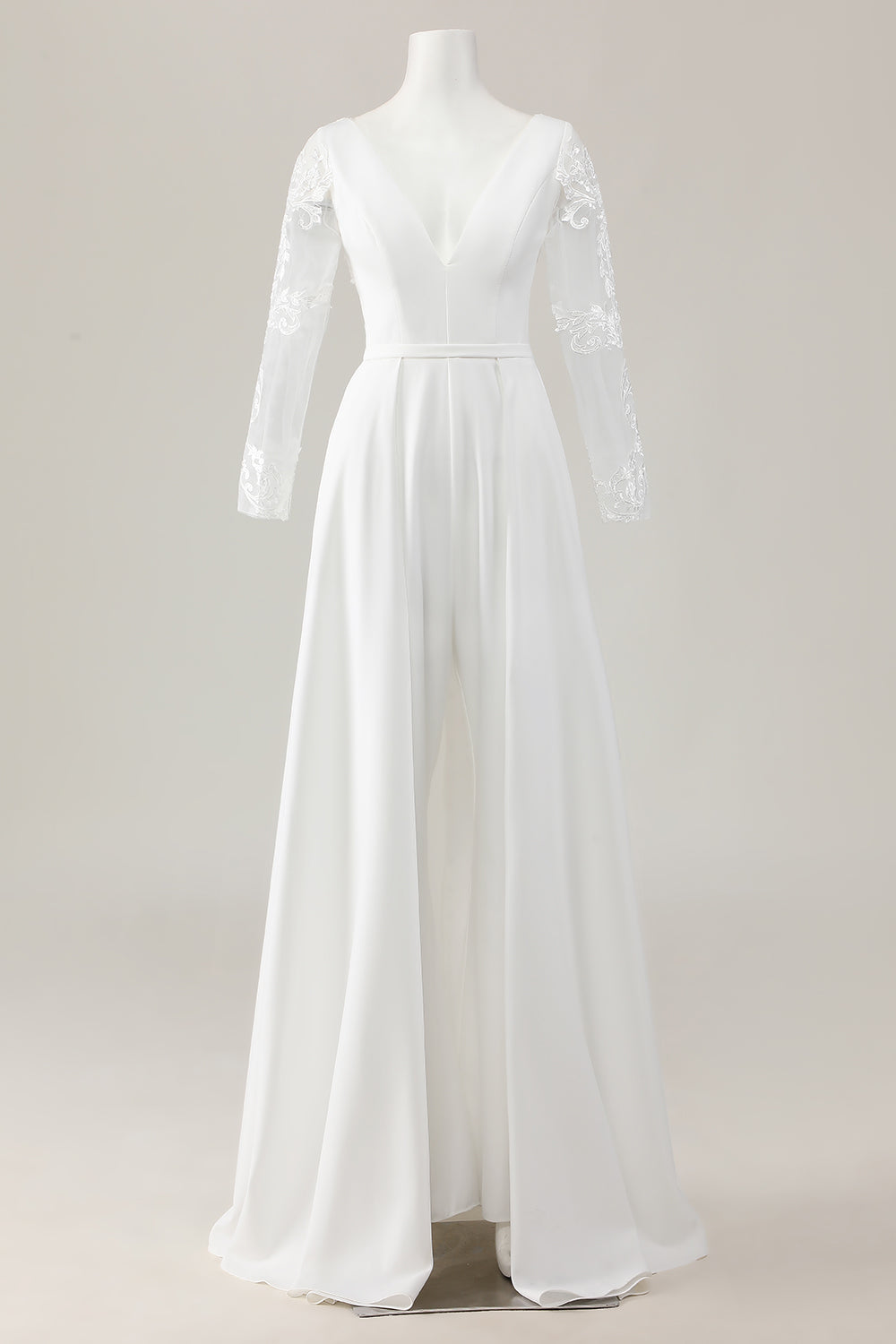 Ivory Satin Deep V-Neck Sweep Train Long Sleeves Wedding Jumpsuits with Lace