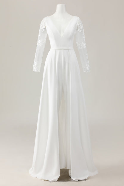 Ivory Deep V-Neck Sweep Train Satin Wedding Jumpsuits with Lace