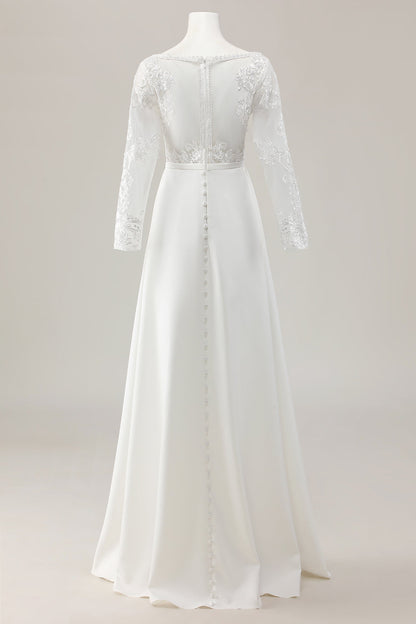 Ivory Satin Deep V-Neck Sweep Train Long Sleeves Wedding Jumpsuits with Lace
