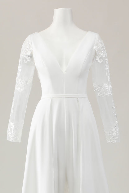 Ivory Deep V-Neck Sweep Train Satin Wedding Jumpsuits with Lace