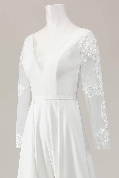 Ivory Deep V-Neck Sweep Train Satin Wedding Jumpsuits with Lace