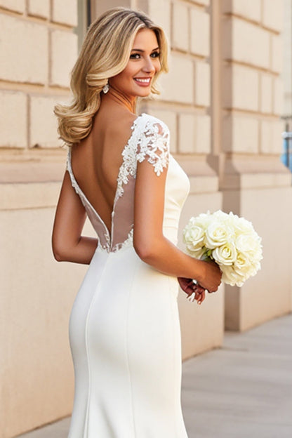 Ivory Satin V-Neck Sweep Train Mermaid Wedding Dress with Lace