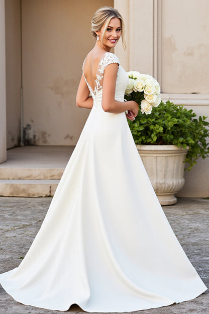 Ivory Satin A Line V-Neck Long Appliques Wedding Dress