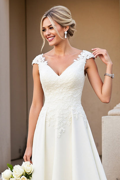 Ivory Satin A Line V-Neck Long Appliques Wedding Dress