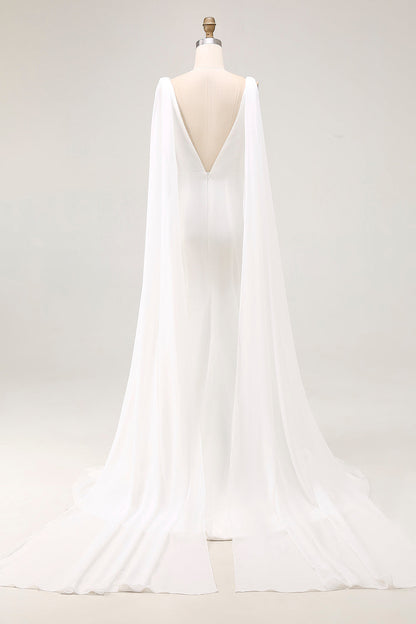 Simple Ivory Satin Mermaid V Neck Watteau Train Wedding Dress with Cape