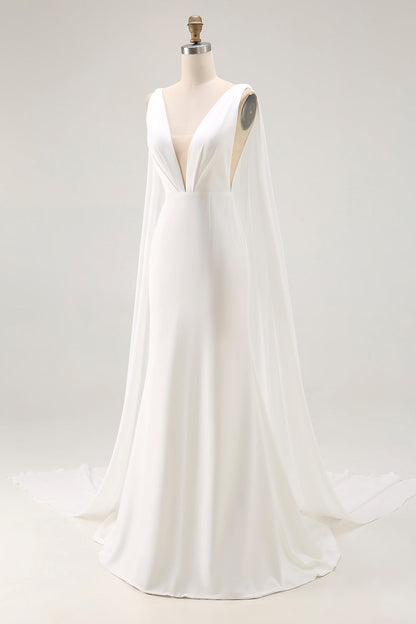 Simple Ivory Satin Mermaid V Neck Watteau Train Wedding Dress with Cape