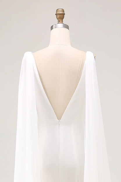 Simple Ivory Satin Mermaid V Neck Watteau Train Wedding Dress with Cape