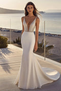 Mermaid Ivory Satin Sweep Train V Neck Long Wedding Dress
