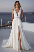 Ivory A Line Deep V-Neck Long Wedding Dress with Slit
