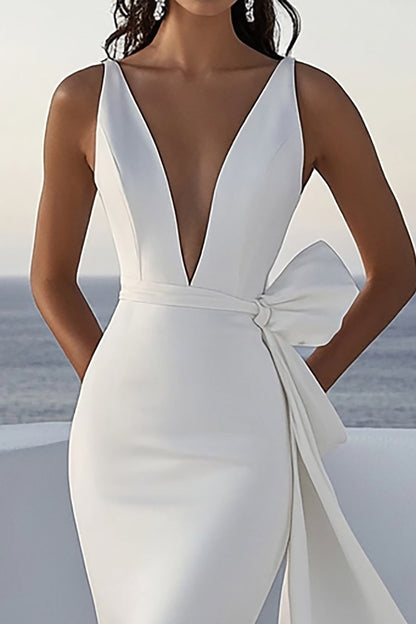 Mermaid Ivory Satin Long Deep V-Neck Wedding Dress