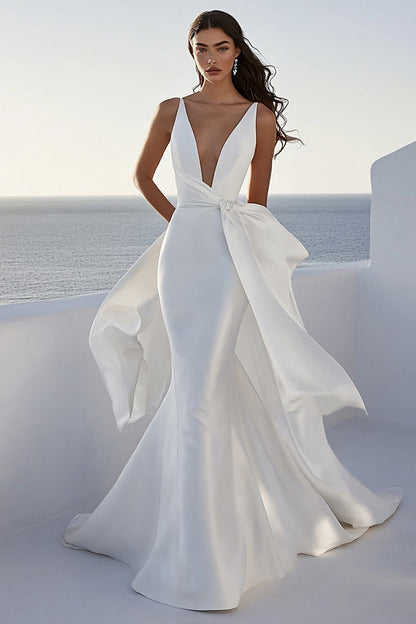 Ivory Streamer Satin Deep V-Neck Long Wedding Dress