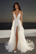 Ivory Sweep Train Lace Ruffled Wedding Dress with Slit