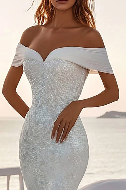 Ivory Off The Shoulder Mermaid Long Wedding Dress With Sequins