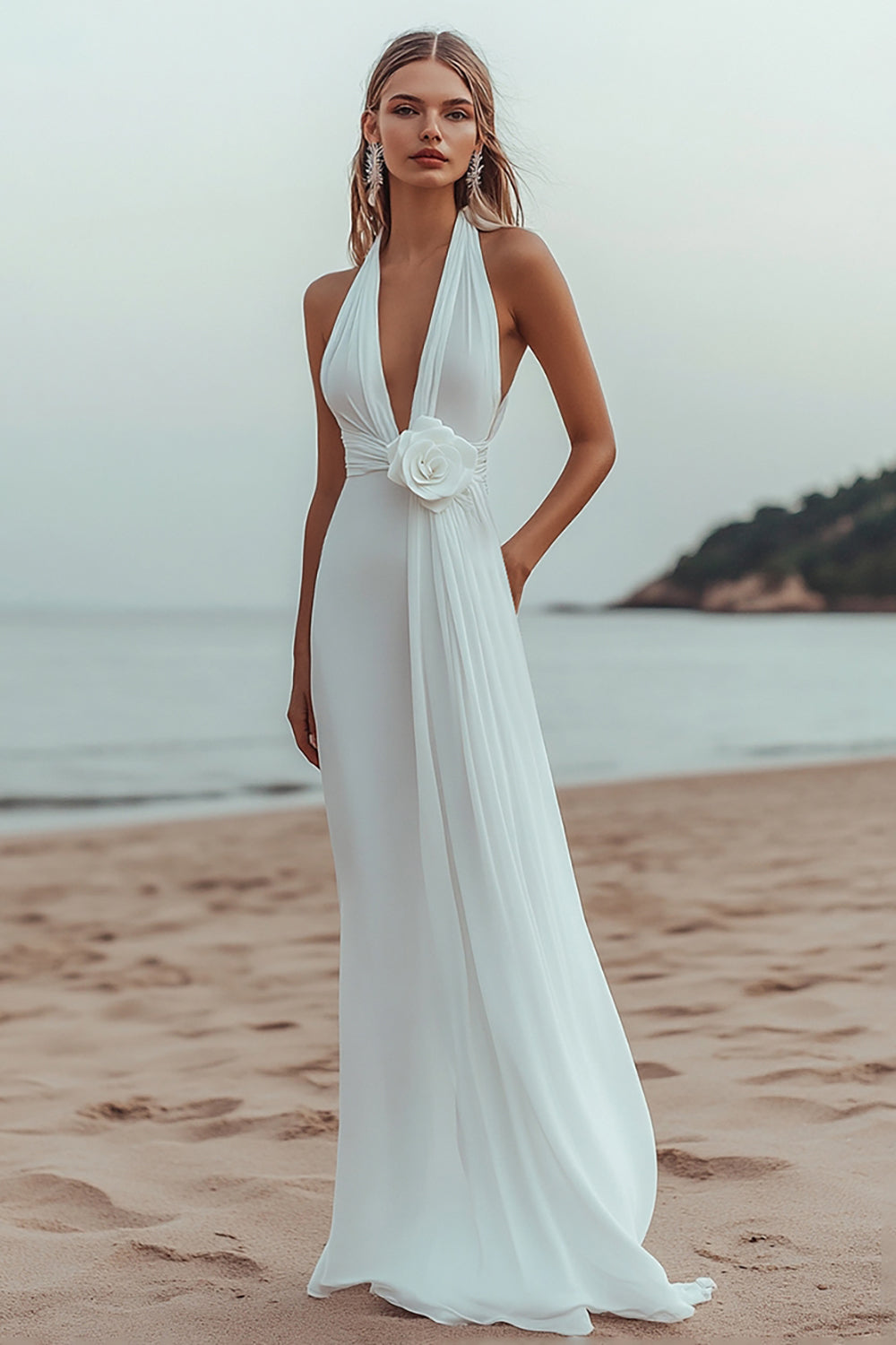 White A Line Deep V-Neck Long Engagement Dress