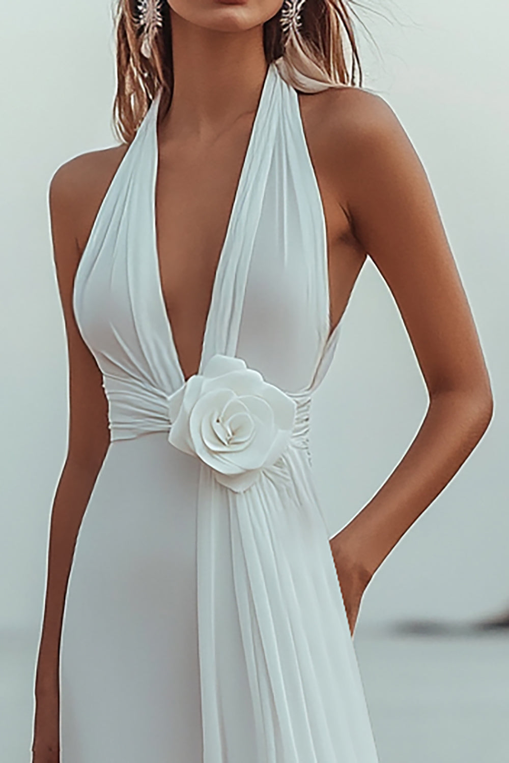 White A Line Deep V-Neck Long Engagement Dress