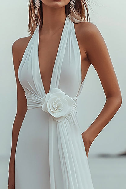 White A Line Deep V-Neck Long Engagement Dress