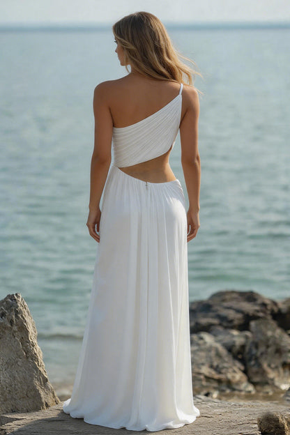 White Chiffon Sheath Cut-Out Long Rehearsal Dinner Dress