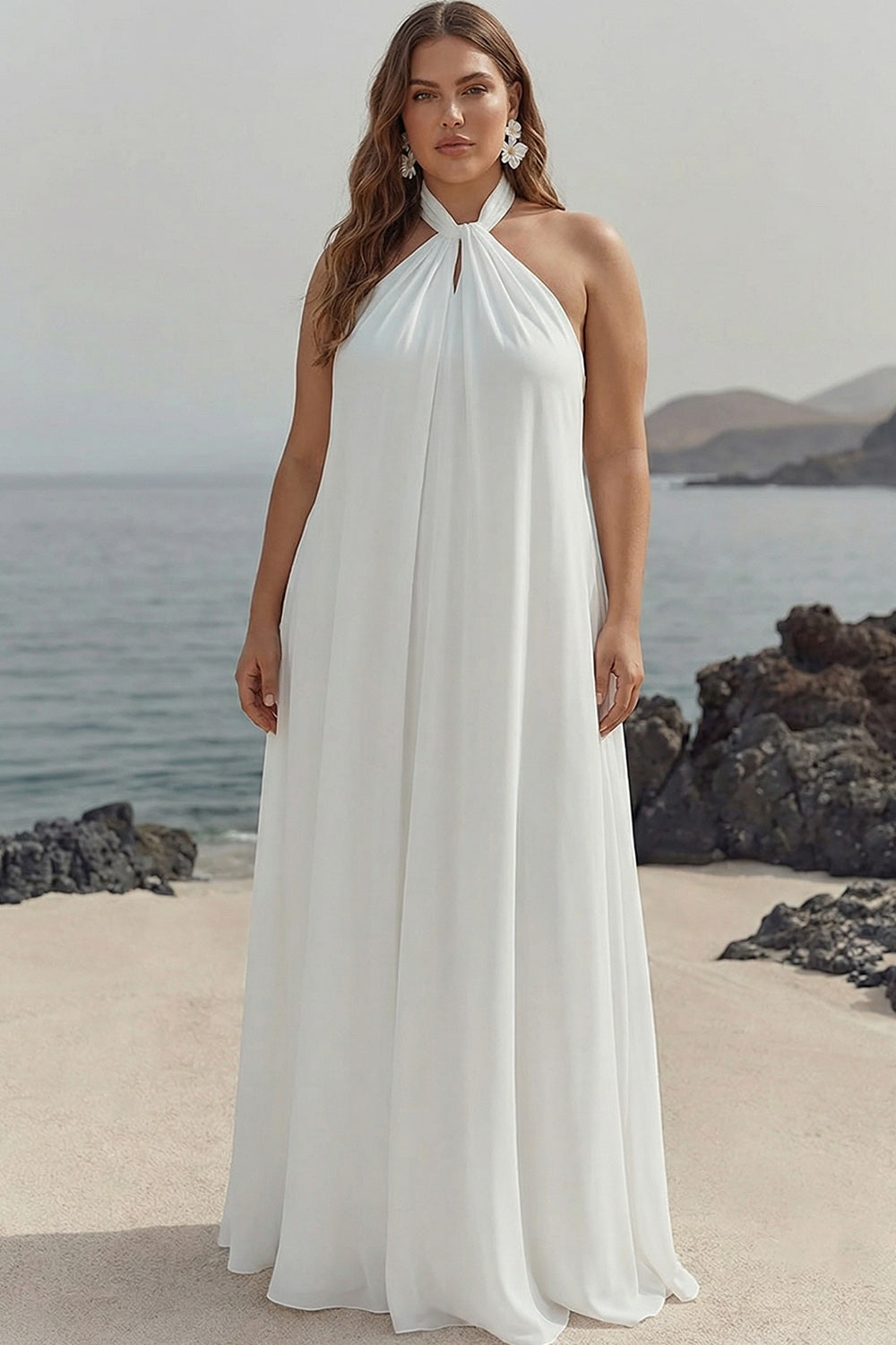 Chiffon White A Line Halter Long Rehearsal Dinner Dress