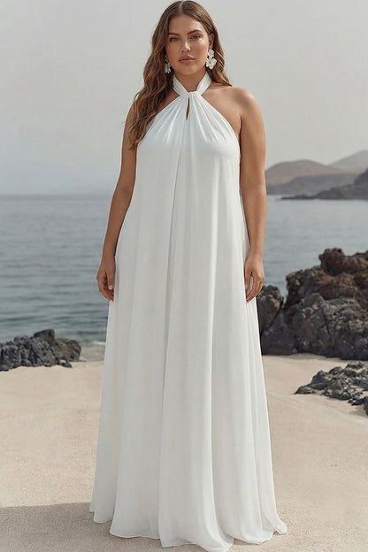 Chiffon White A Line Halter Long Rehearsal Dinner Dress