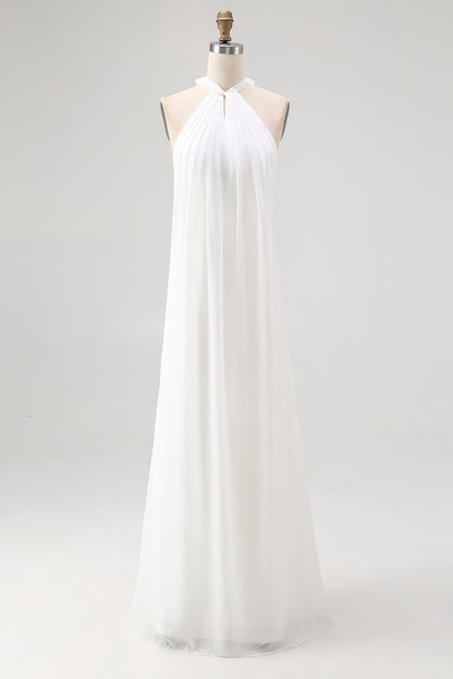 Chiffon White A Line Halter Long Rehearsal Dinner Dress