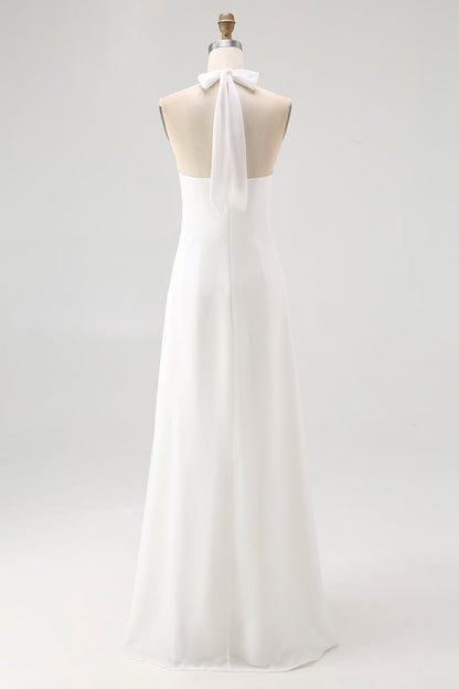 Chiffon White A Line Halter Long Rehearsal Dinner Dress