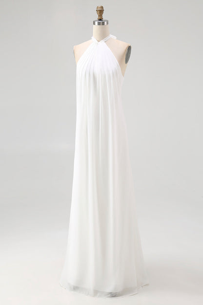 Chiffon White A Line Halter Long Rehearsal Dinner Dress