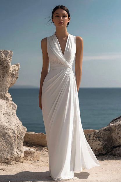 White Chiffon Sheath Ruched Sleeveless Long Rehearsal Dinner Dress