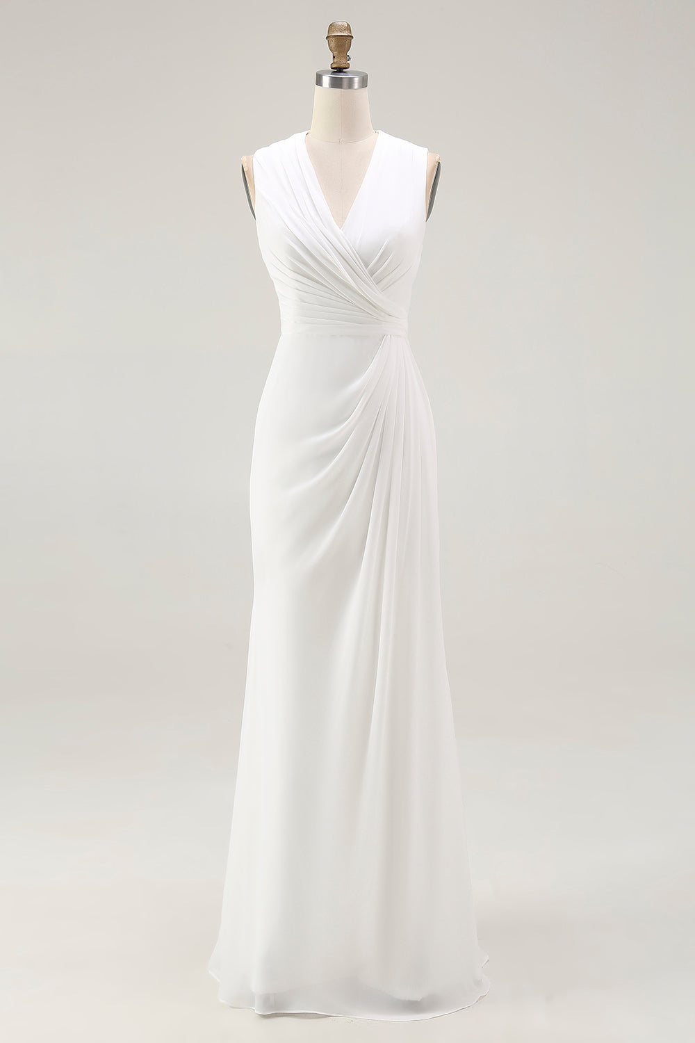 White Chiffon Sheath Ruched Sleeveless Long Rehearsal Dinner Dress