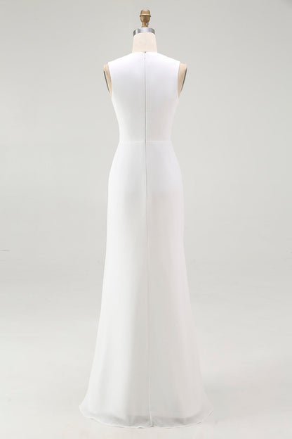 White Chiffon Sheath Ruched Sleeveless Long Rehearsal Dinner Dress