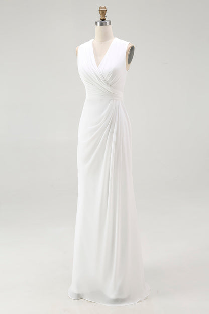White Chiffon V-Neck Sheath Sleeveless Long Rehearsal Dinner Dress