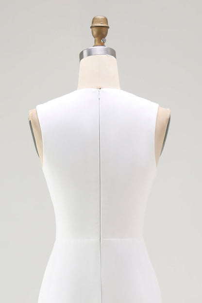 White Chiffon V-Neck Sheath Sleeveless Long Rehearsal Dinner Dress