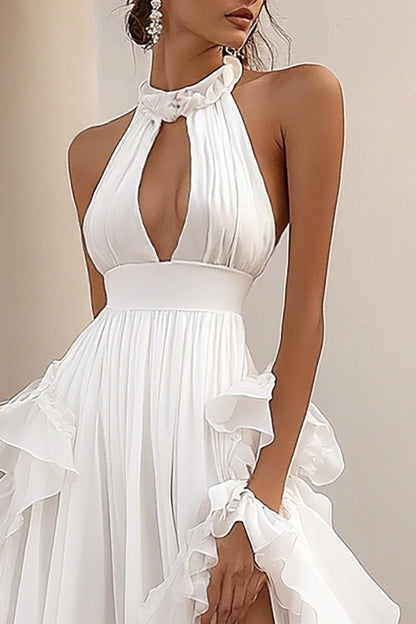 A Line White Ruffled Keyhole Long Rehearsal Dinner Dress with Slit