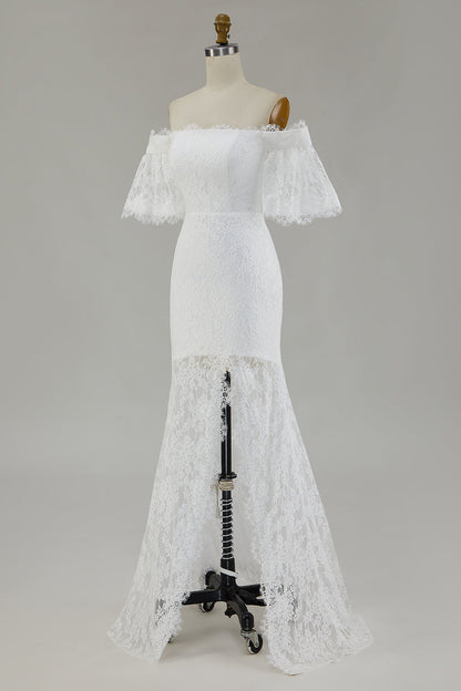 White Off the Shoulder Lace Mermaid Boho Maxi Wedding Dress with Slit