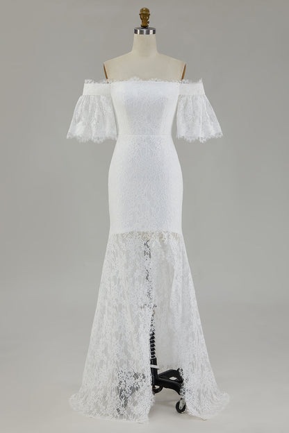 White Lace Mermaid Off the Shoulder Maxi Wedding Dress with Slit