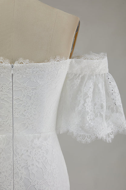 White Off the Shoulder Lace Mermaid Boho Maxi Wedding Dress with Slit